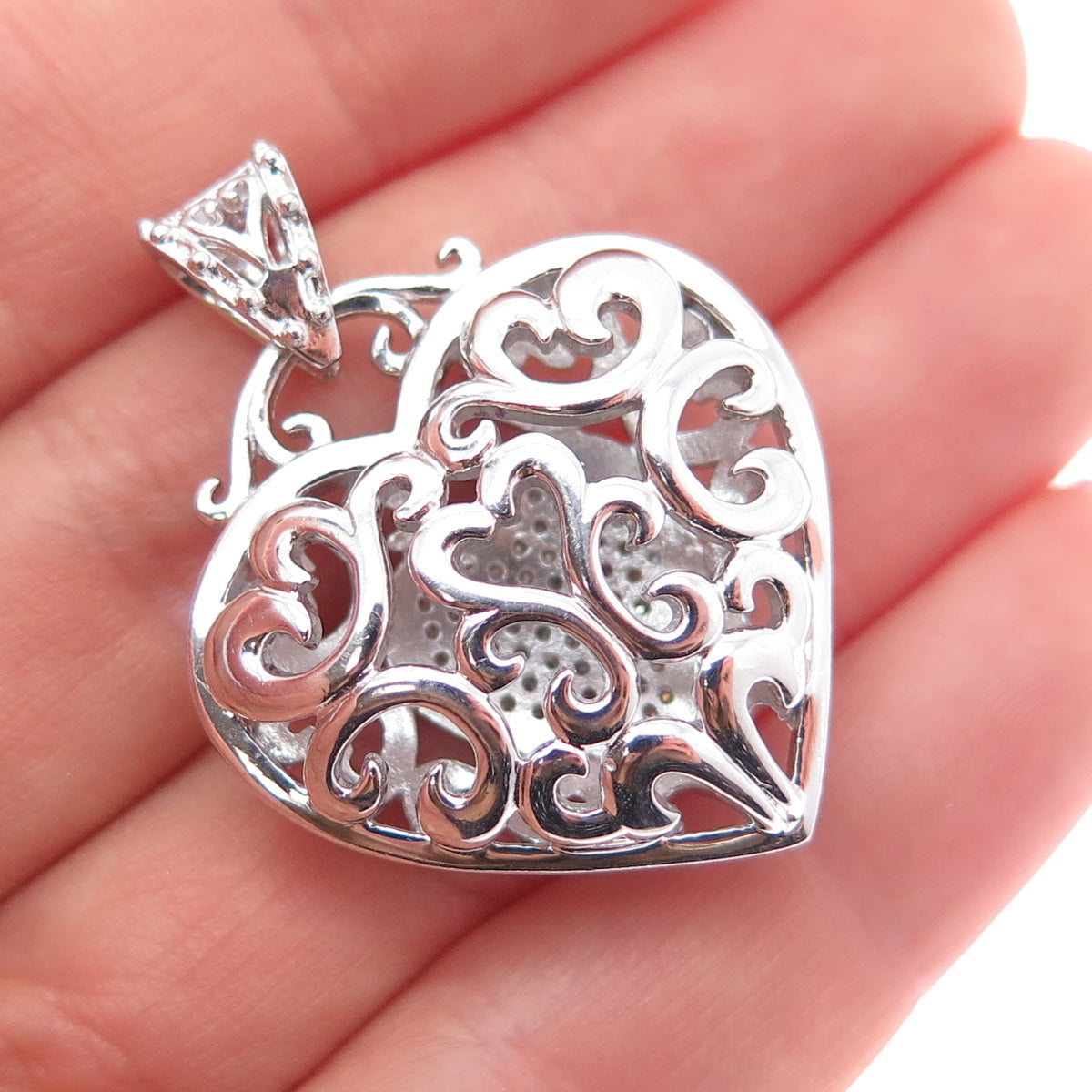 925 Sterling Silver Real Round-Cut Diamond Ornate Heart Charm Pendant