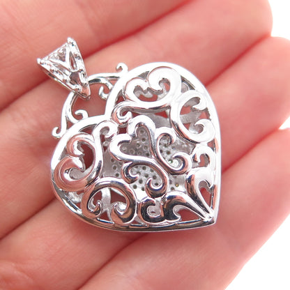 925 Sterling Silver Real Round-Cut Diamond Ornate Heart Charm Pendant