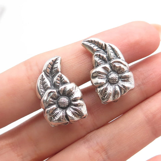 925 Sterling Silver Vintage Textured Floral Screw Back Earrings