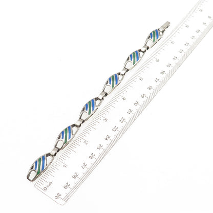 925 Sterling Silver Vintage Italy Enamel Modernist Panel Link Bracelet 7.25"