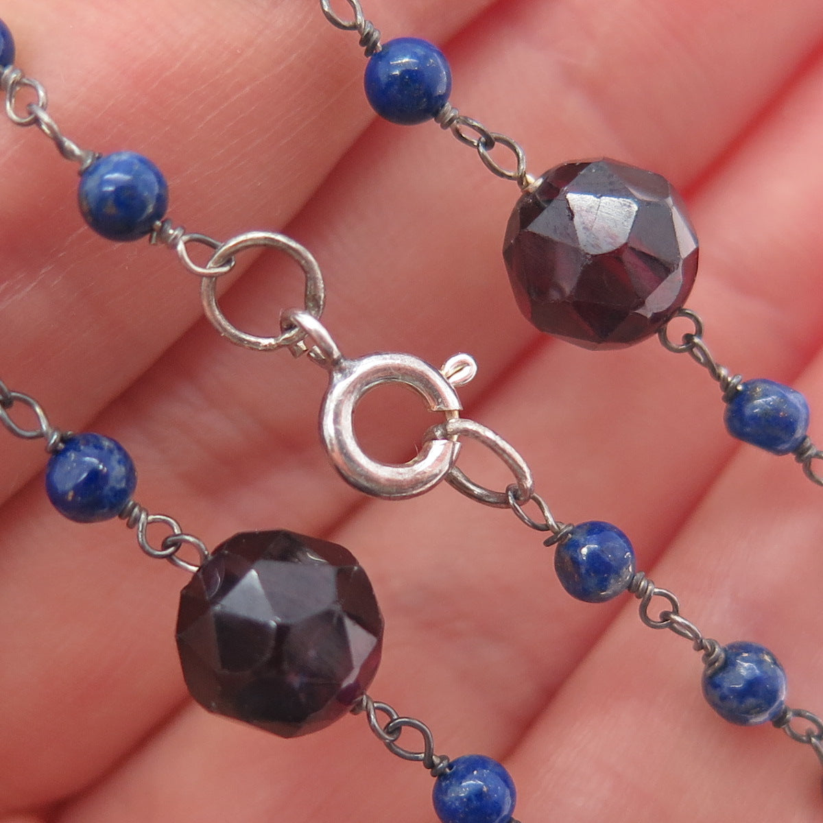 925 Sterling Silver Vintage Real Red Garnet & Lapis Beaded Chain Necklace 18"