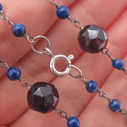 925 Sterling Silver Vintage Real Red Garnet & Lapis Beaded Chain Necklace 18"