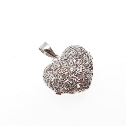 925 Sterling Silver Round-Cut C Z Heart Floral Locket Charm Pendant