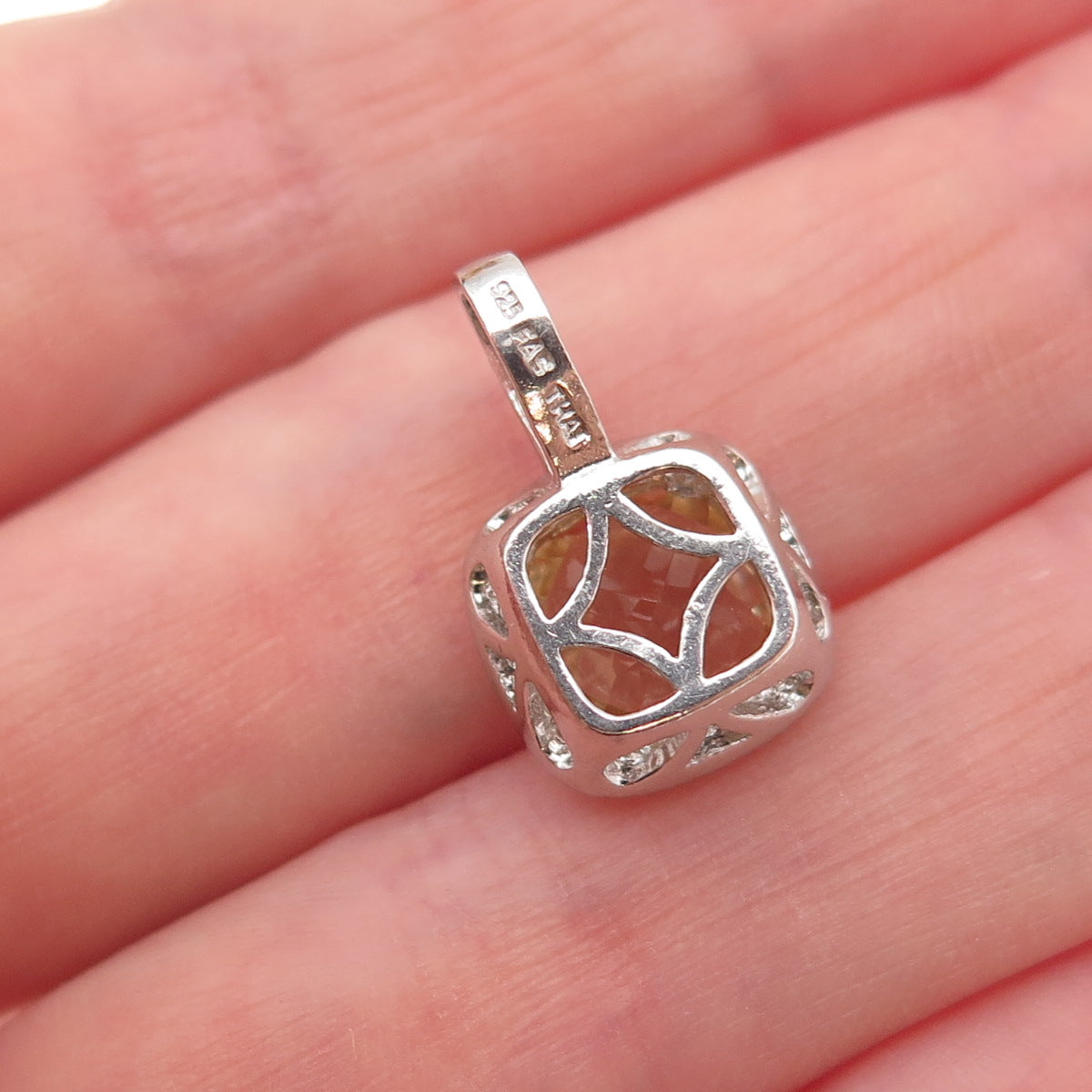 925 Sterling Silver Real Round-Cut Diamond & Cushion-Cut Citrine Charm Pendant