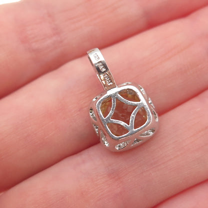 925 Sterling Silver Real Round-Cut Diamond & Cushion-Cut Citrine Charm Pendant