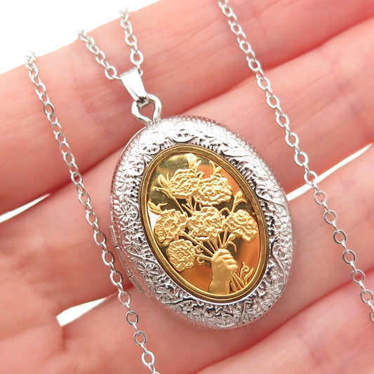 Franklin Mint 925 Sterling 2-Tone Vintage 1978 Floral Locket Chain Necklace 18"