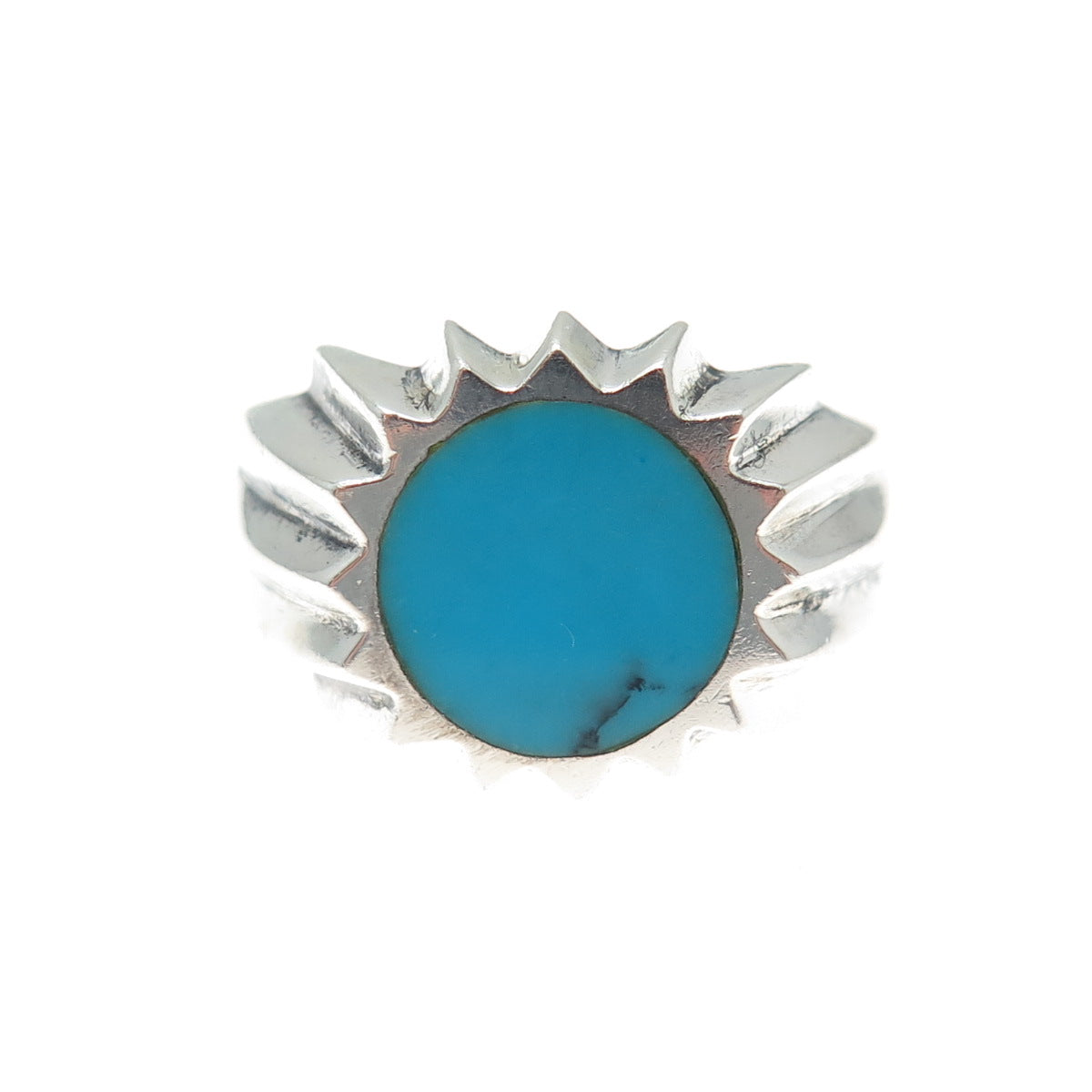 925 Sterling Silver Vintage Mexico Real Turquoise Modernist Sun Ring Size 13