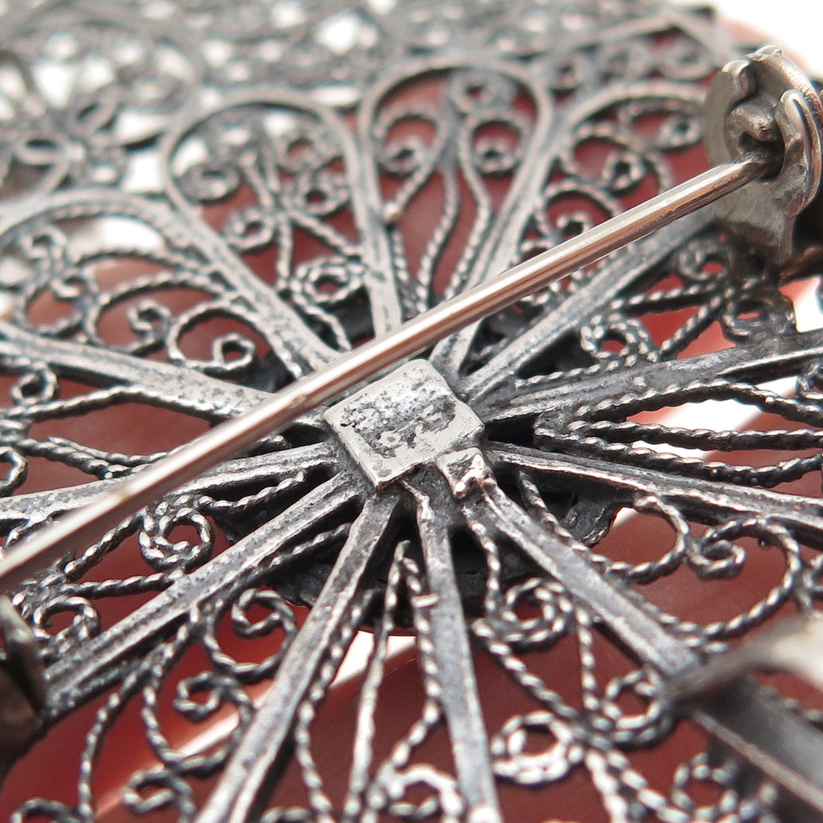 800 Silver Vintage Israel Real Eilat Filigree Oxidized Pin Brooch / Pendant