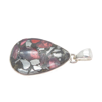 925 Sterling Vintage Real Pyrite Tourmaline & Red Garnet Inlay Modernist Pendant