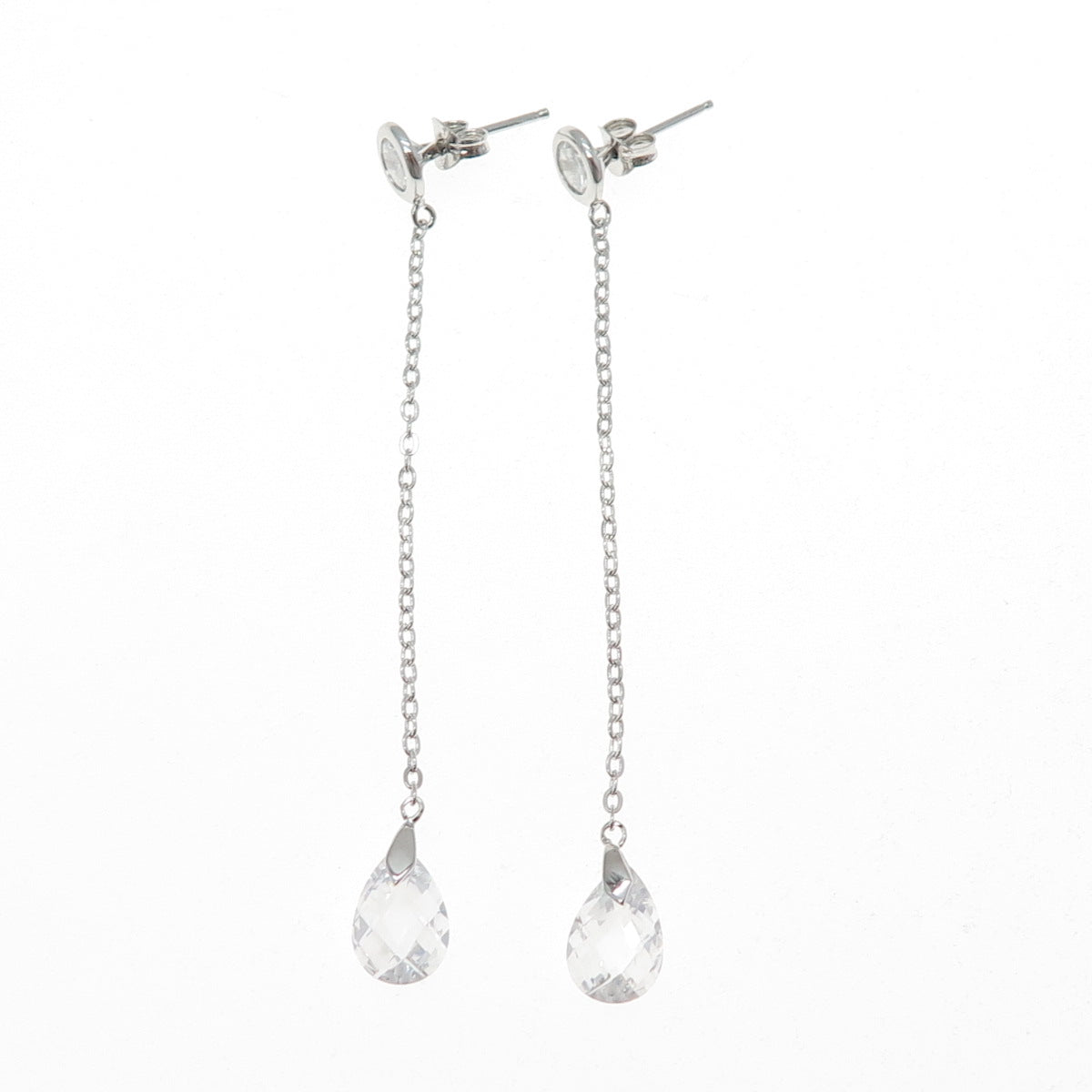 925 Sterling Silver Round & Pear-Cut C Z Chain Drop Dangle Earrings