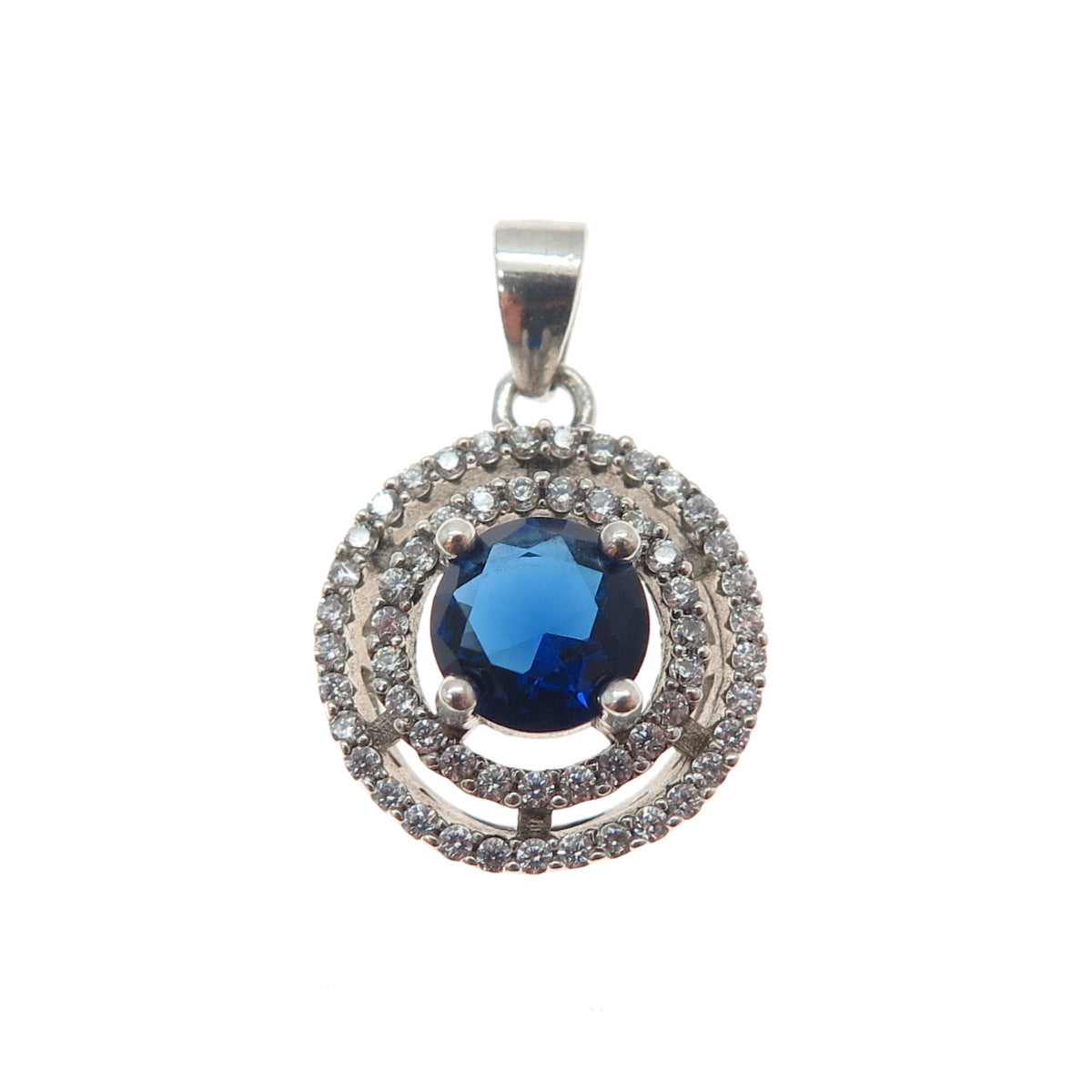 925 Sterling Silver Round-Cut Blue & White C Z Minimalist Charm Pendant