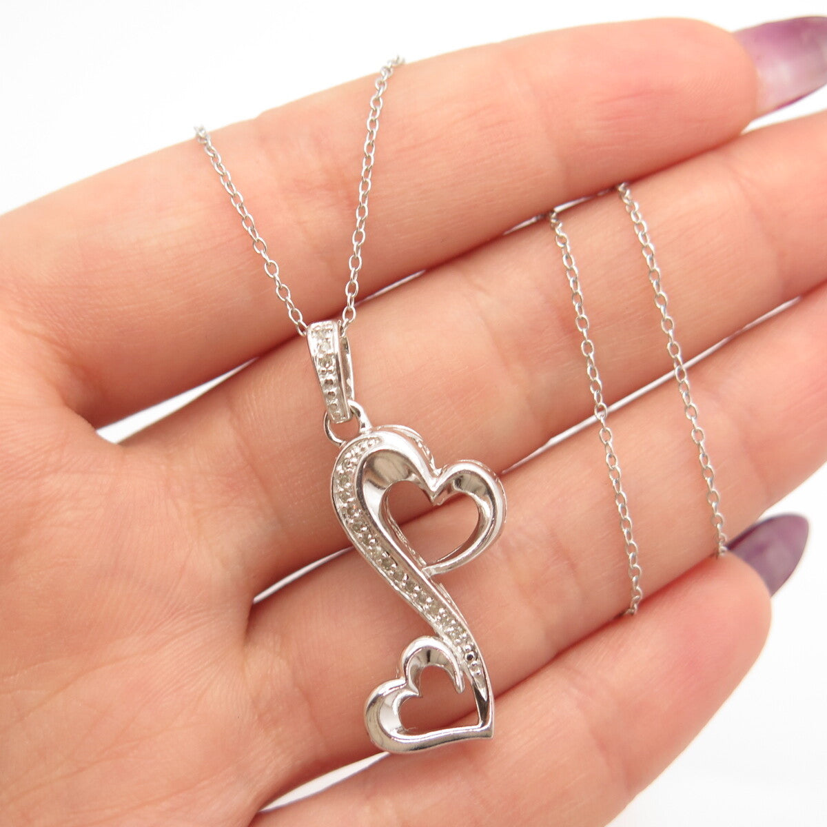 925 Sterling Silver Real White Diamond Open Double Heart Rolo Chain Necklace 16"