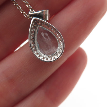 925 Sterling Silver Real Blue Topaz & C Z Teardrop Cable Chain Necklace 18"