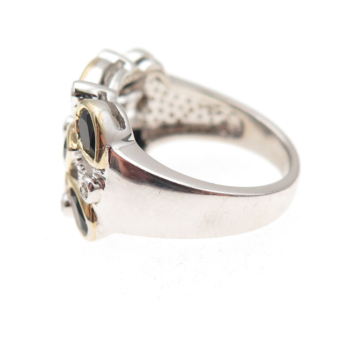 925 Sterling Silver 2-Tone Real Diamond & Sapphire Cluster Ring Size 5.75
