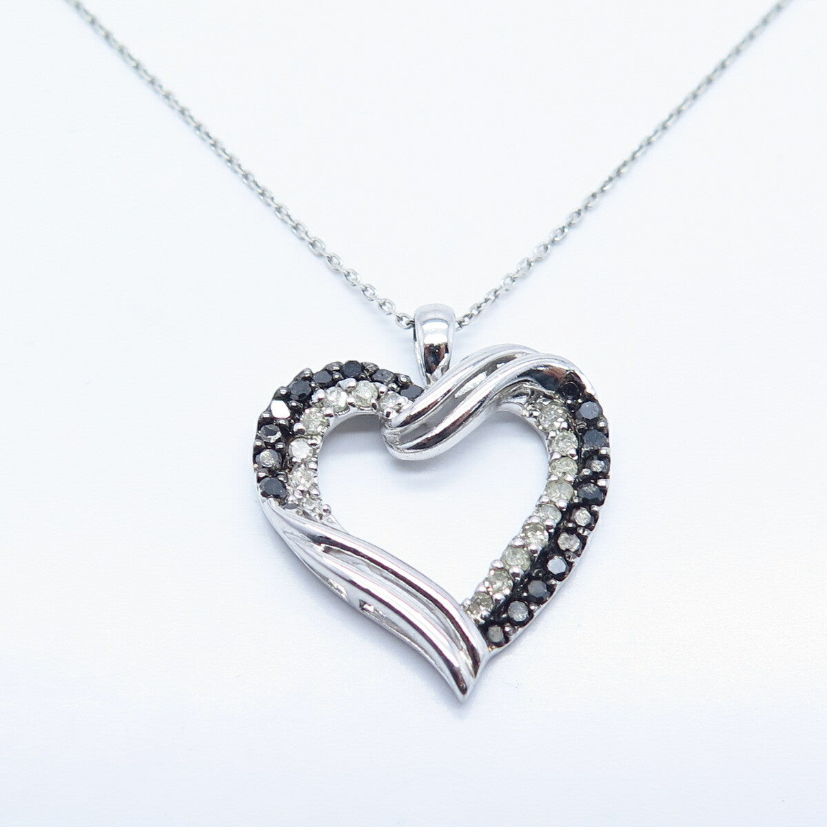925 Sterling Silver Italy White Black Diamond Open Heart Rolo Chain Necklace 17"