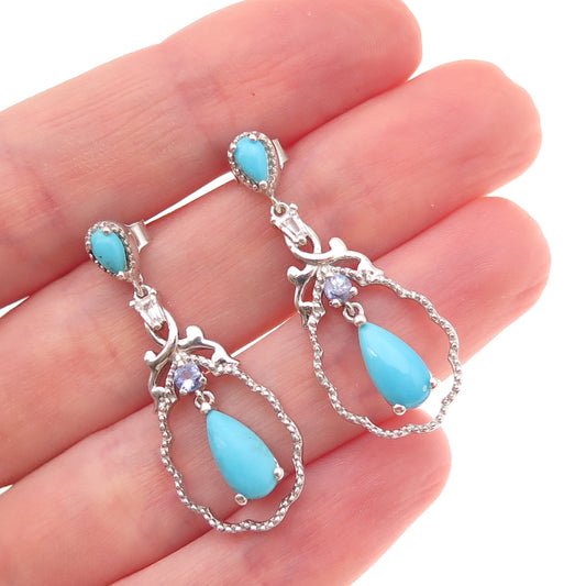 Chuck Clemency 925 Sterling Silver Real Turquoise & Tanzanite Dangle Earrings