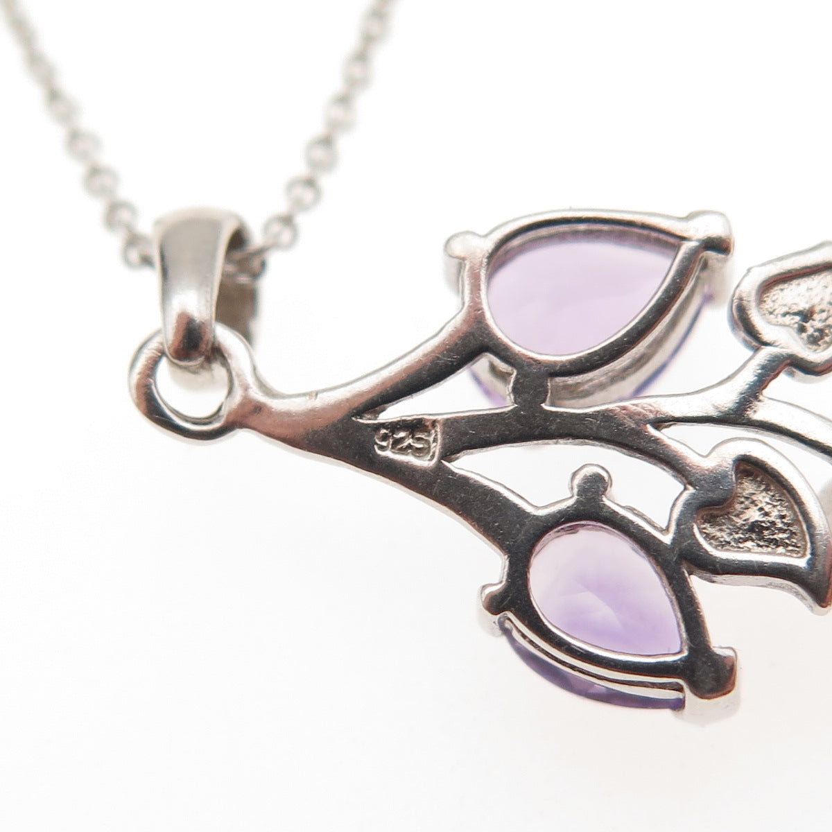 925 Sterling Silver Real Pear-Cut Amethyst Floral Cable Chain Necklace 18"