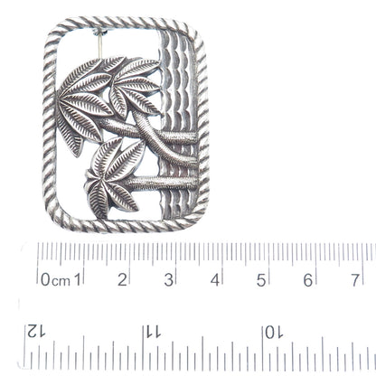 925 Sterling Silver Vintage Paradise Beach Palm Tree Oxidized Pin Brooch