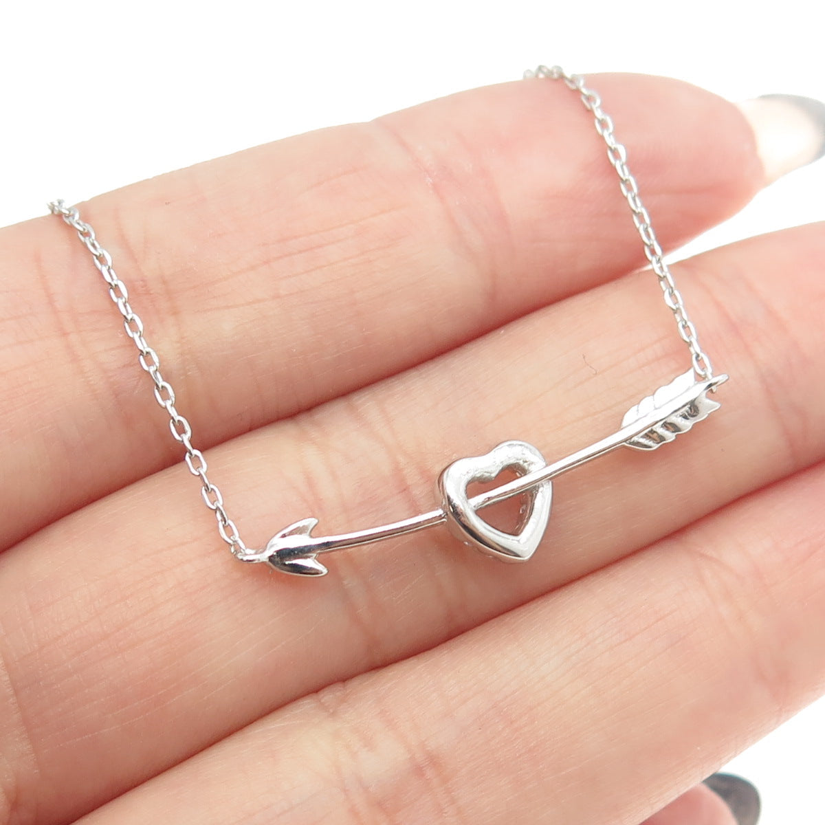 925 Sterling Silver C Z Arrow in Heart Rolo Chain Necklace 16"