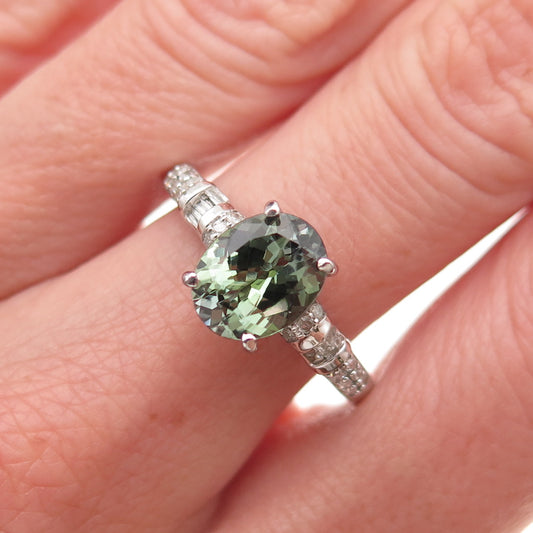 D'Joy 925 Sterling Silver Real Diamond & Green Amethyst Ring Size 8