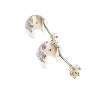 925 Sterling Silver Real Round-Cut Diamond Textured Half Hoop Earrings