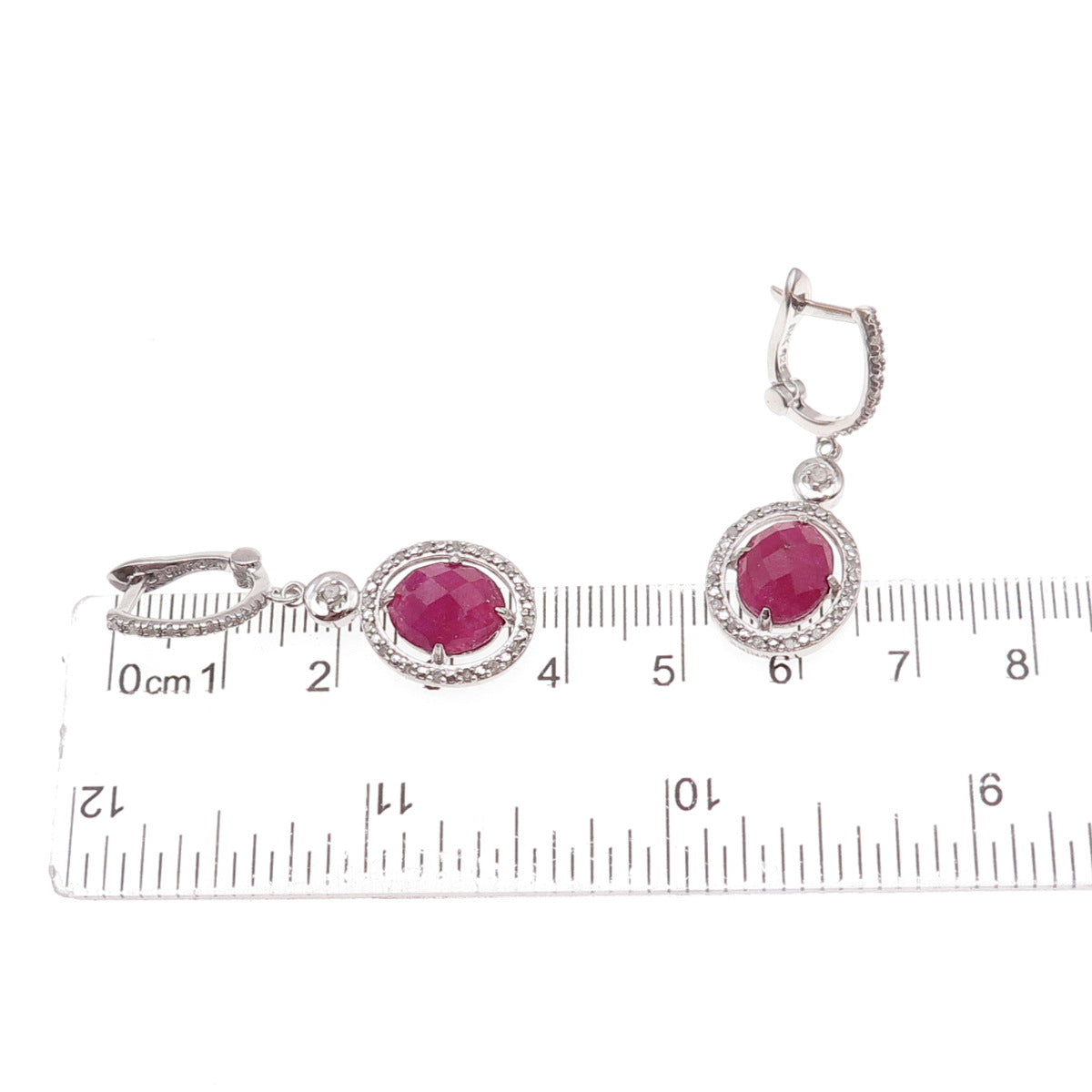 925 Sterling Silver Real Diamond & Ruby Dangle Earrings