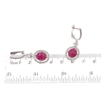 925 Sterling Silver Real Diamond & Ruby Dangle Earrings