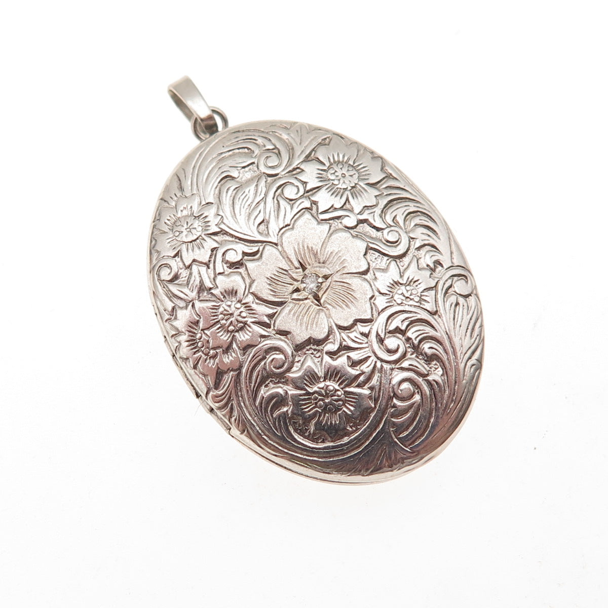 Tru-Kay Sterling Silver Vintage Real Diamond Accent Floral Locket Charm Pendant