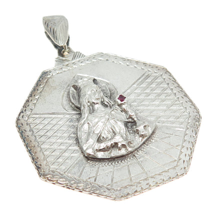 925 Sterling Silver Vintage Pink Rhinestone St. Barbara Religious Pendant