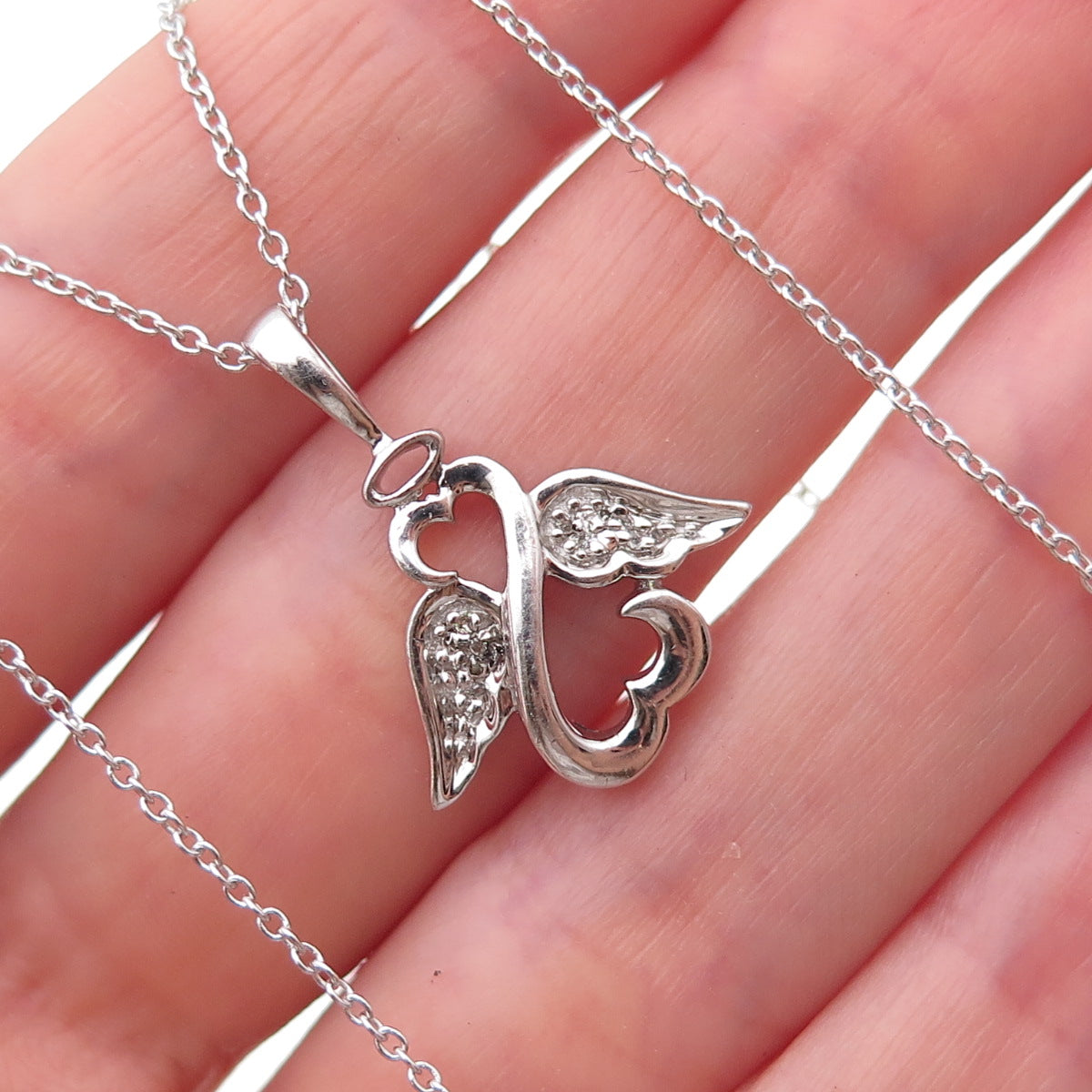 Jane Seymour Sterling Silver Real Diamond Angel Heart Cable Chain Necklace 18"