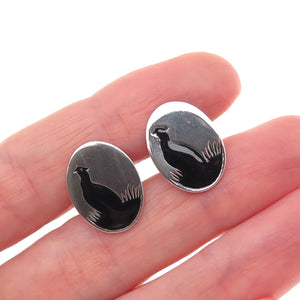 925 Sterling Silver Antique Art Deco Enamel Pheasant Bird Cufflinks