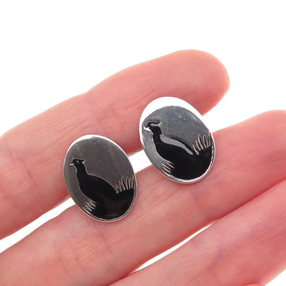 925 Sterling Silver Antique Art Deco Enamel Pheasant Bird Cufflinks