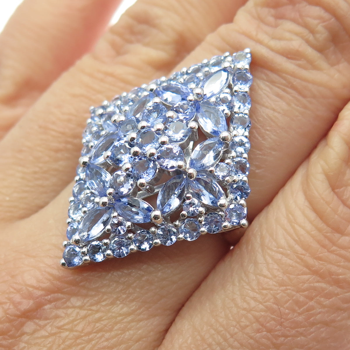 JS JOSEPH SCHMID 925 Sterling Silver Tanzanite Cluster Statement Ring Size 7.25