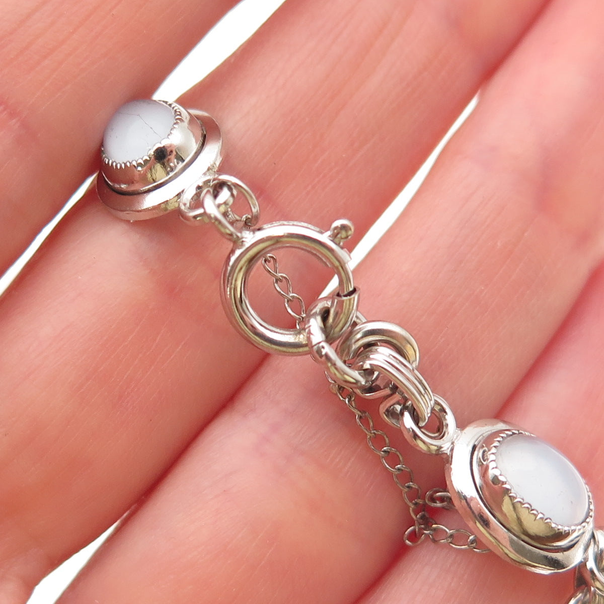 1/20 12K White Gold Filled Vintage Real Cabochon Opalite Bracelet 7.25"