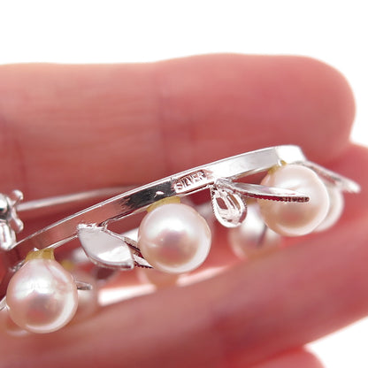 925 Sterling Silver Antique Art Deco Real Akoya Pearl Floral Circle Pin Brooch