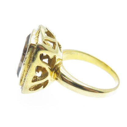 925 Sterling Silver Gold Plated Real Diamond & Smoky Quartz Ring Size 5.75