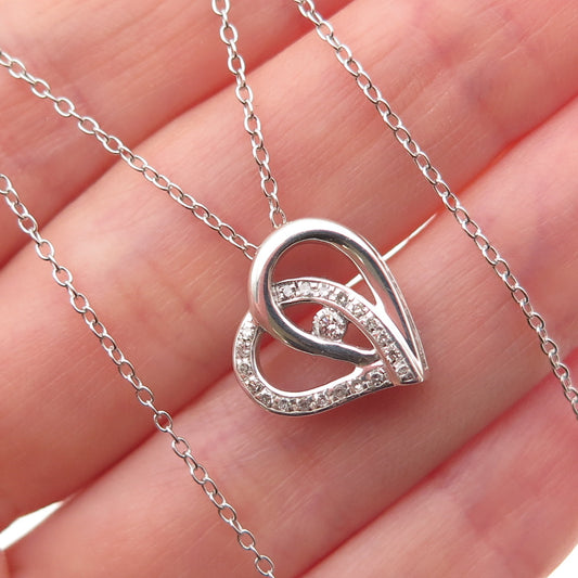 925 Sterling Silver Real Round-Cut Diamond Heart Cable Chain Necklace 18"