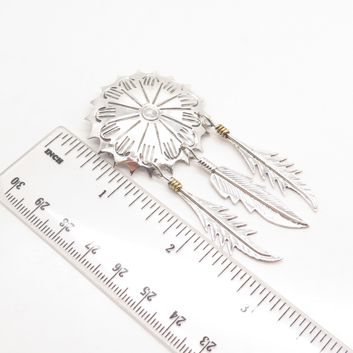 925 Sterling Silver 2-Tone Vintage Mexico Concho Feather Pin Brooch