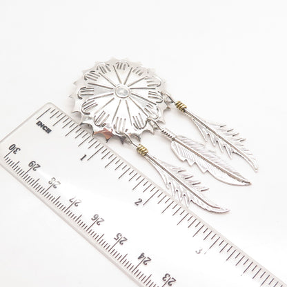 925 Sterling Silver 2-Tone Vintage Mexico Concho Feather Pin Brooch