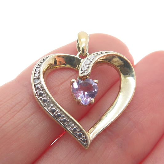 925 Sterling Silver Gold Plated Vintage Real Diamond & Amethyst Heart Pendant
