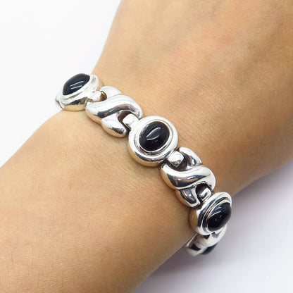 925 Sterling Silver Vintage Italy Real Black Onyx Gem XO Link Bracelet 7.75"
