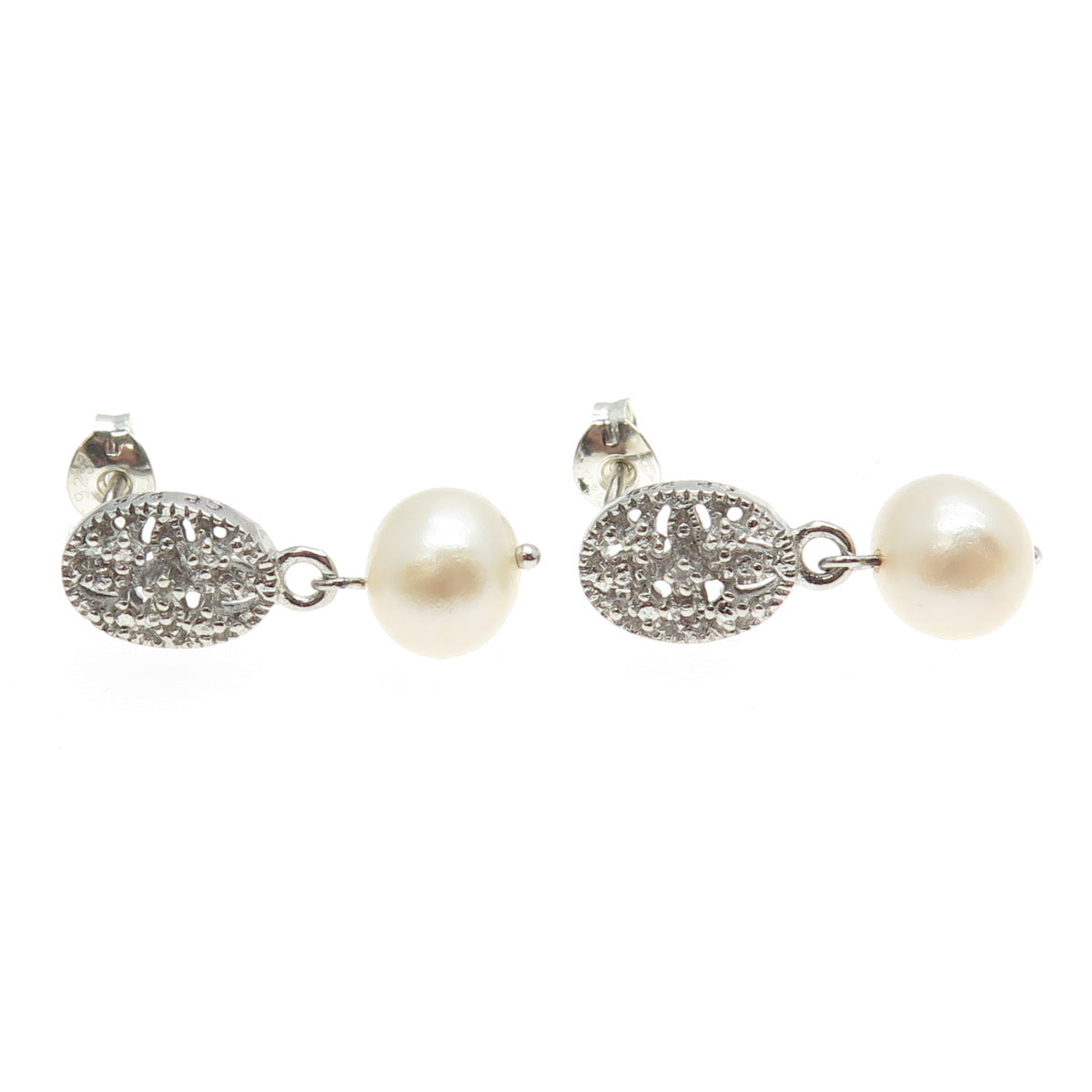 925 Sterling Silver Real Pearl & C Z Dangling Earrings