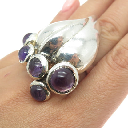 925 Sterling Silver Vintage Real Amethyst Gemstone Modernist Ring Size 7.75