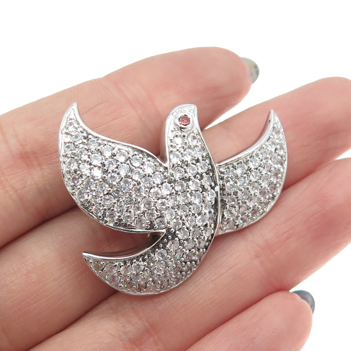 925 Sterling Silver Real Red Garnet Gemstone & C Z Dove of Peace Pin Brooch