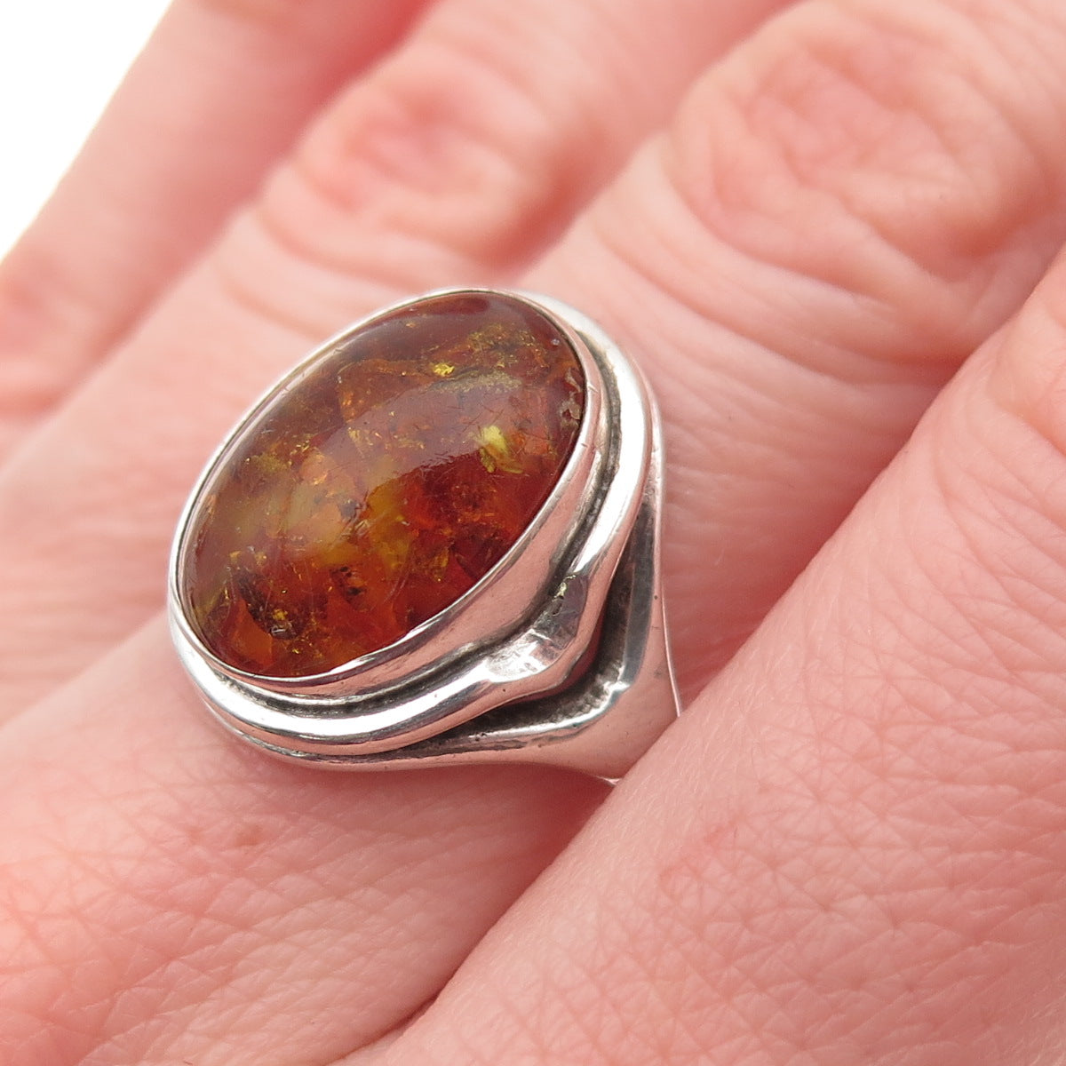 Fischland 835 Silver Vintage Germany Real Amber Modernist Ring Size 7.5