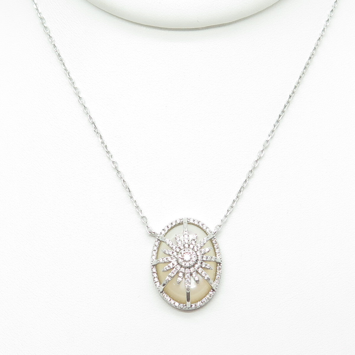 925 Sterling Silver Real MOP & Round-Cut C Z Floral Cable Chain Necklace 16-18"