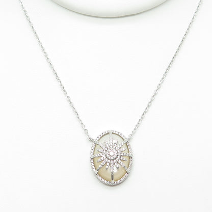 925 Sterling Silver Real MOP & Round-Cut C Z Floral Cable Chain Necklace 16-18"