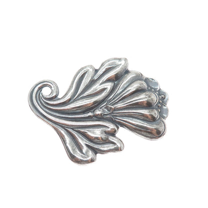 925 Sterling Silver Vintage Flower Leaf Ribbed Oxidized Pin Brooch