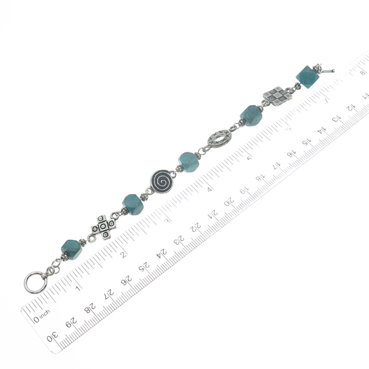 925 Sterling Silver Vintage Kingman Turquoise Spiral Circle Cross Bracelet 6.5"