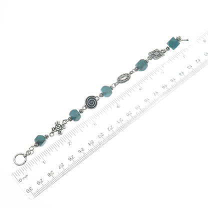 925 Sterling Silver Vintage Kingman Turquoise Spiral Circle Cross Bracelet 6.5"